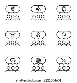 Set of modern outline symbols for internet stores, shops, banners, adverts. Vector isolated line icons of various items inside of speech bubble over group of people 
