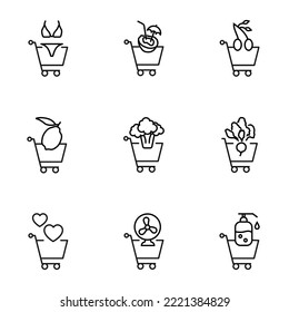 Set of modern outline symbols for internet stores, shops, banners, adverts. Vector isolated line icons of bikini, cocktail and other items in shopping cart 