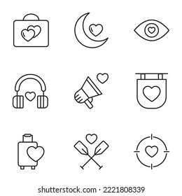 Set of modern outline symbols for internet stores, shops, banners, adverts. Vector isolated line icons of heart by suitcase, The Moon, eye, headphones, loud speaker 