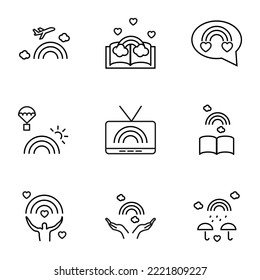 Set of modern outline symbols for internet stores, shops, banners, adverts. Vector isolated line icons of airplane, book, balloon, tv, man, umbrella, open hand by rainbow