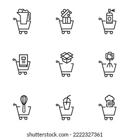 Set of modern outline symbols for internet stores, shops, banners, adverts. Vector isolated line icons of hearts, box, dye, camera, mixer, drink, beer in shopping cart 