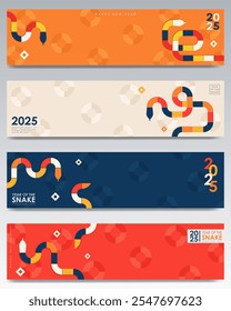 Set von modernen Panorama-Bannern mit geometrischen Rechteckformen in Form einer gewickelten Schlange in den Farben Orange, Rot, Gelb, Blau und Beige. Minimalistische Kopfzeilen für 2025 Mond-Neujahr der Schlange