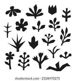 Set of modern paper cut flowers, leaves, berries, twigs isolated on white background.