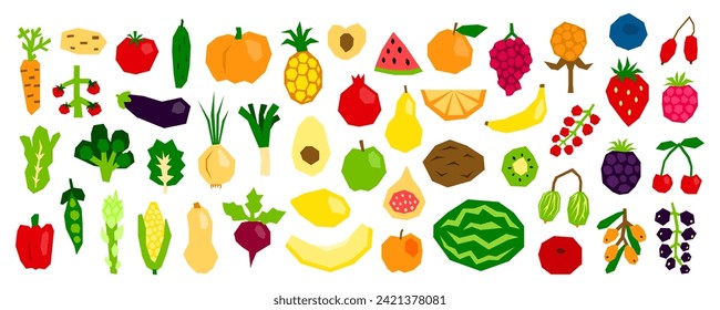 Set of modern paper cut vegetables, fruits and berries isolated on white background. Trendy cutout veggies. Organic harvest collection. Farm products illustration. Bio garden crop.