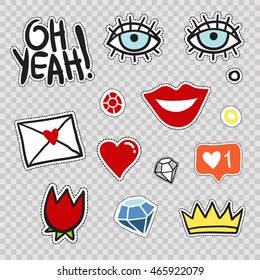 Set of modern patches elements: oh yeah phrase, blue eye, red tulip flower, king crown, love mail, heart, smile lips, like, diamond. Vector stikers kit. Modern doodle pop art sketch badges and pins.