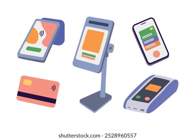 Set of modern payment devices and technology icons. Flat vector design featuring mobile payments, card readers, and contactless cards. Idea for digital wallets, e-commerce, and financial services