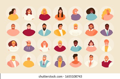 Set of Modern people avatars of different ages and nationalities. Men and women, old people and children vector illustration