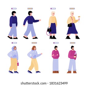 Conjunto de personajes de la gente moderna, enérgicos y cansados, ilustración vectorial de caricatura plana aislada en fondo blanco. Gente con carga y descarga de energía.