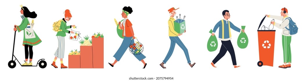 Set of modern people characters having ecological habits, flat vector illustration isolated on white background. People sorting waste and use eco transport.