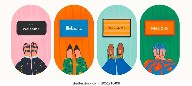 Set of modern people in front of the door. Man and woman feet or legs concept. Neighbors friendship hand drawn vector illustration. Real estate agency concept. Hospitality for diverse nationalities.