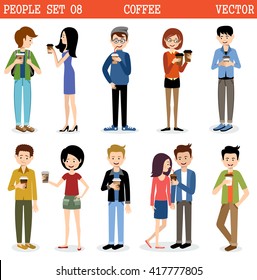 Set of modern people with paper glasses of coffee. vector