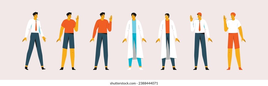 Set of modern people. Professions of men. Stylish portraits of happy young characters in clothes at work. Flat vector illustrations isolated on white background.