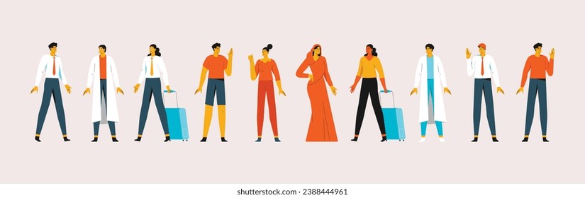 Set of modern people. Professions of men and women. Stylish portraits of happy young characters in clothes at work. Flat vector illustrations isolated on white background.