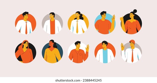 Conjunto de gente moderna. Profesiones de hombres y mujeres. Retratos elegantes de jóvenes personajes felices vestidos en el trabajo.