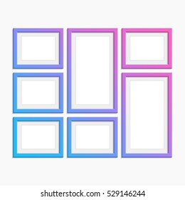 Set of modern Picture frames with unusual coloring. Photo art gallery. Variety sizes of realistic frame with empty space isolated on white background for presentation and showcasing purposes.