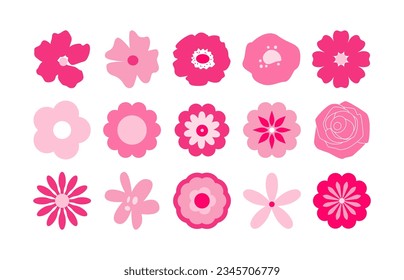 Set of modern pink abstract flowers. Different shapes and styles. Doodles, silhouettes. Girly doll mood. Glamour 2000s. Y2k. Valentine's day.