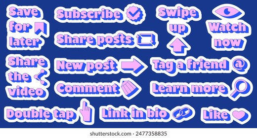 A set of modern pink and blue stickers for social media. Bold contemporary phrases. Popular call to actions blog posts in Y2K style. User elements and buttons.
Save for later, Share posts, Swipe up.