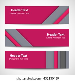 Set of modern pink gray horizontal vector banners, page headers in a material design style. Can be used as a business template or in a web design. Vector illustration.