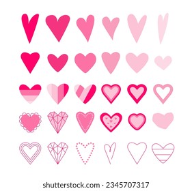 Set of modern pink hearts. Different shapes and styles. Doodles, silhouettes, line art. Girly doll mood.  Valentine's day.