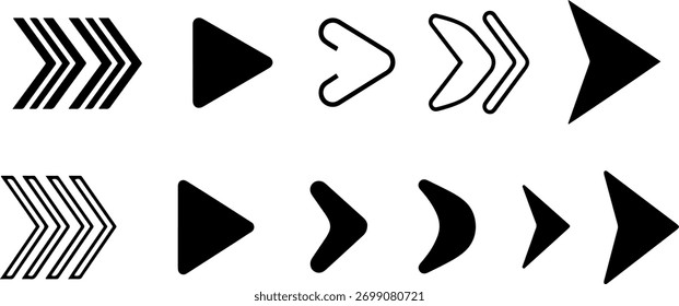 conjunto de botões de reprodução modernos e setas para frente, ícones de próxima faixa, divisa dupla e símbolos de ponteiro estilizados para web, mídia ou design de interface