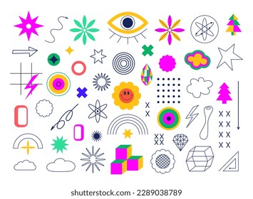 Set of modern playful geometric shapes. Trendy groovy geometry. Line art, frames, flowers, figures. Y2k, abstract memphis graphic elements. Retro vintage concept.