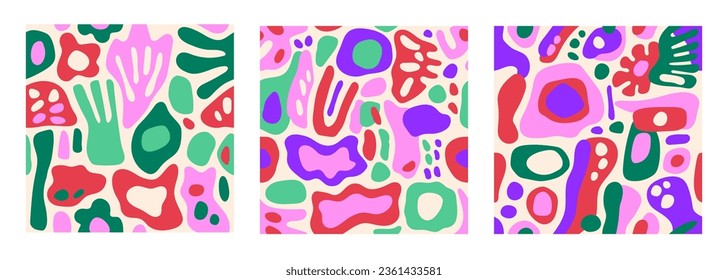 Set of modern playful vibrant groovy free form shapes and doodle objects seamless vector patterns. Trendy creative collage elements contemporary design backgrounds.