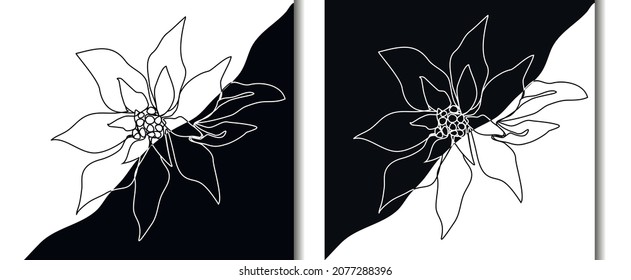 set of modern poinsettia flower, in the style of one line. a hand-drawn abstract in a minimalist style. the holiday element is a close up in a vintage. for print, banner. vector art illustration