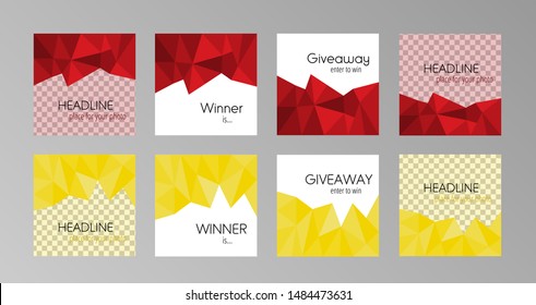 Set of modern polygonal bright banners for social media page with place for photo, giveaway and winner stylish square templates. Vector illustration, standard scaled size