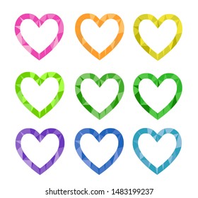 Set of modern polygonal frame hearts, bright halftone decorative elements, Valentine's day vector objects. Usable for posters, cards, invitations, diary, social media and web banners