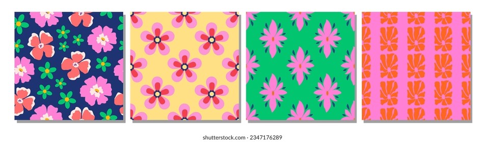 Set of modern pop floral patterns. Abstract flowers, daisies. Seamless repeatable background, digital paper, banner. Retro vintage nostalgia. Y2k, 2000s, glamour. Bold bright colors.