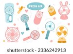 Set of modern portable fan.Table fan, hand fan in flat style. Comfort electric blower. Wind ventilator. Vector illustration