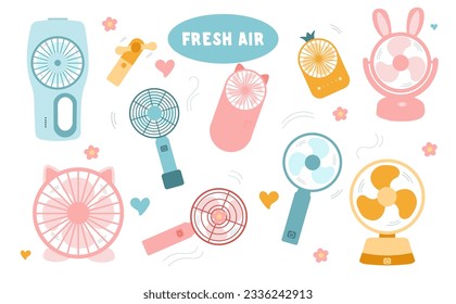 Set of modern portable fan.Table fan, hand fan in flat style. Comfort electric blower. Wind ventilator. Vector illustration