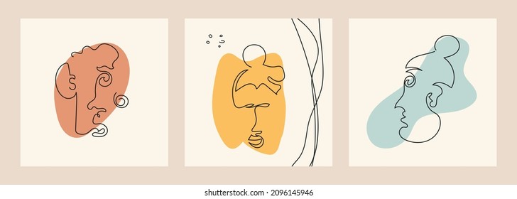 Set of modern portraits with hairstyle on the background of abstract shapes in line art style isolated. Contemporary hand drawn vector illustrations with continuous line face in minimalistic elegant