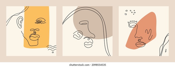 Set of modern portraits on the background of abstract shapes in line art style isolated. Contemporary hand drawn vector illustrations with continuous line face in minimalistic elegant concept. Design