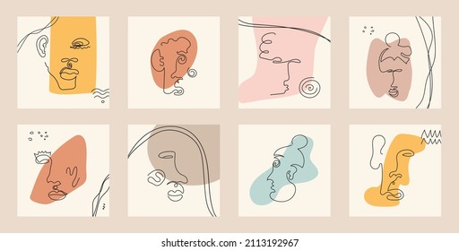 Conjunto de retratos modernos sobre el fondo de formas abstractas en el estilo de arte lineal aislado. Ilustraciones vectoriales dibujadas a mano contemporáneas con la cara de línea continua en un concepto minimalista elegante. Diseño