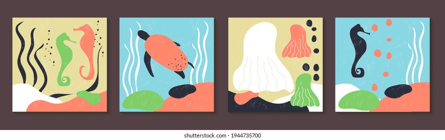 A set of modern posters with an abstract composition of organic forms  marine theme, used for wall decoration, greeting cards, cover design, vector graphics, corals, stars, fish, marine life