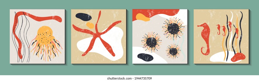 A set of modern posters with an abstract composition of organic forms  marine theme, used for wall decoration, greeting cards, cover design, vector graphics, corals, stars, fish, marine life