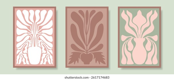 Set of modern posters with abstract flowers. Wall art in trendy style. Vector.