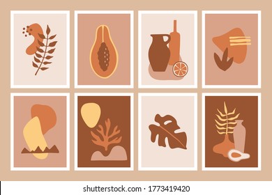 Set of modern posters, abstract shapes, fruits, monstera leaf and palm, hand drawn collection of modern placard in flat style. Contemporary art in pastel colors. Vector isolated illustrations.