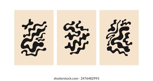 Set of modern posters with abstract wavy shapes. Vector flat illustration of distorted waves. Bohemian minimalist art
