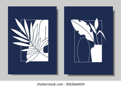 Set of modern posters. Abstract woman. Abstract leaves in a vase. Vector illustration.