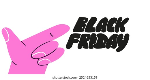 Set of modern posters for Black Friday Sale. Minimalistic abstract design for web banner, social media. Pink flat cartoon retro hand pointing at signboard Black Friday