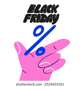 Set of modern posters for Black Friday Sale. Minimalistic abstract design for web banner, social media. Pink flat cartoon retro hand pointing at signboard Black Friday