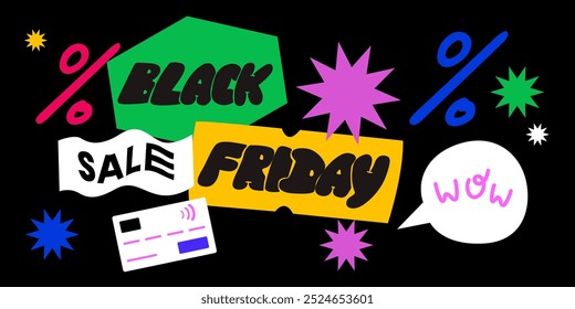 Conjunto de cartazes modernos para Black Friday Sale. Projeto geométrico abstrato para banner web, mídia social. Texto em bolha colorido do plano de fundo. Conjunto de modelos de oferta comercial da sexta-feira preta