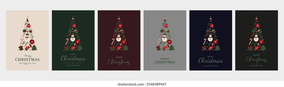 Set of Modern Posters with Christmas Tree from New Year Icons. Vector Illustration of Trendy Ornaments, Festive Typography, and Holiday Decor in Flat Style.