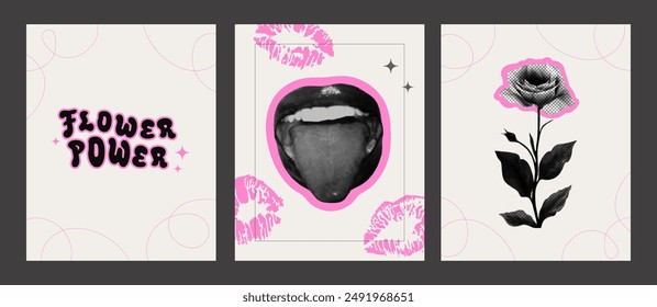 Set of modern posters with halftone flower and mouth with tongue. Modern lettering Flower Power. Photocopy effect, Grainy texture. Fashionable print for t-shirts and sweatshirts. Vector illustration