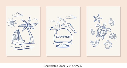A set of modern posters in the Italian style, hand-drawn. Vector illustrations in doodle style, in grunge style. Sea turtle, seashells, seagulls, sailboat, sea, beach