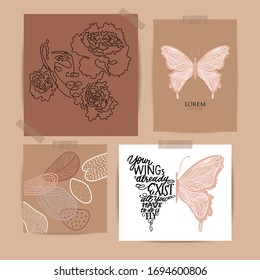 Set of modern posters. Stylish graceful elegant one line portrait. Fashion illustrations. Hand drawn vector trendy set. Elegant art. Butterfly with hand lettered quote. Abstract pattern.