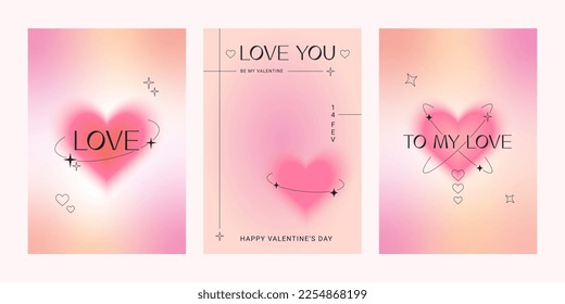 Set of modern posters with Valentine's Day. Trendy gradients, blurred shapes, typography, y2k. Social media stories templates. Vector illustrations for mobile apps, banner, greeting card.