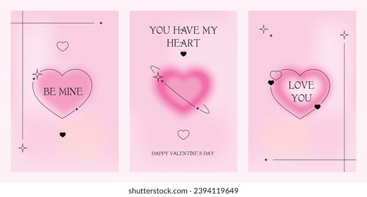 Set of modern posters with Valentine's Day. Trendy gradients, blurred shapes, typography, y2k. Social media stories templates. Vector illustrations for mobile apps, banner, greeting card